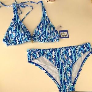 Beach by Melissa Odabash blue white boho print halter bikini M - NWT